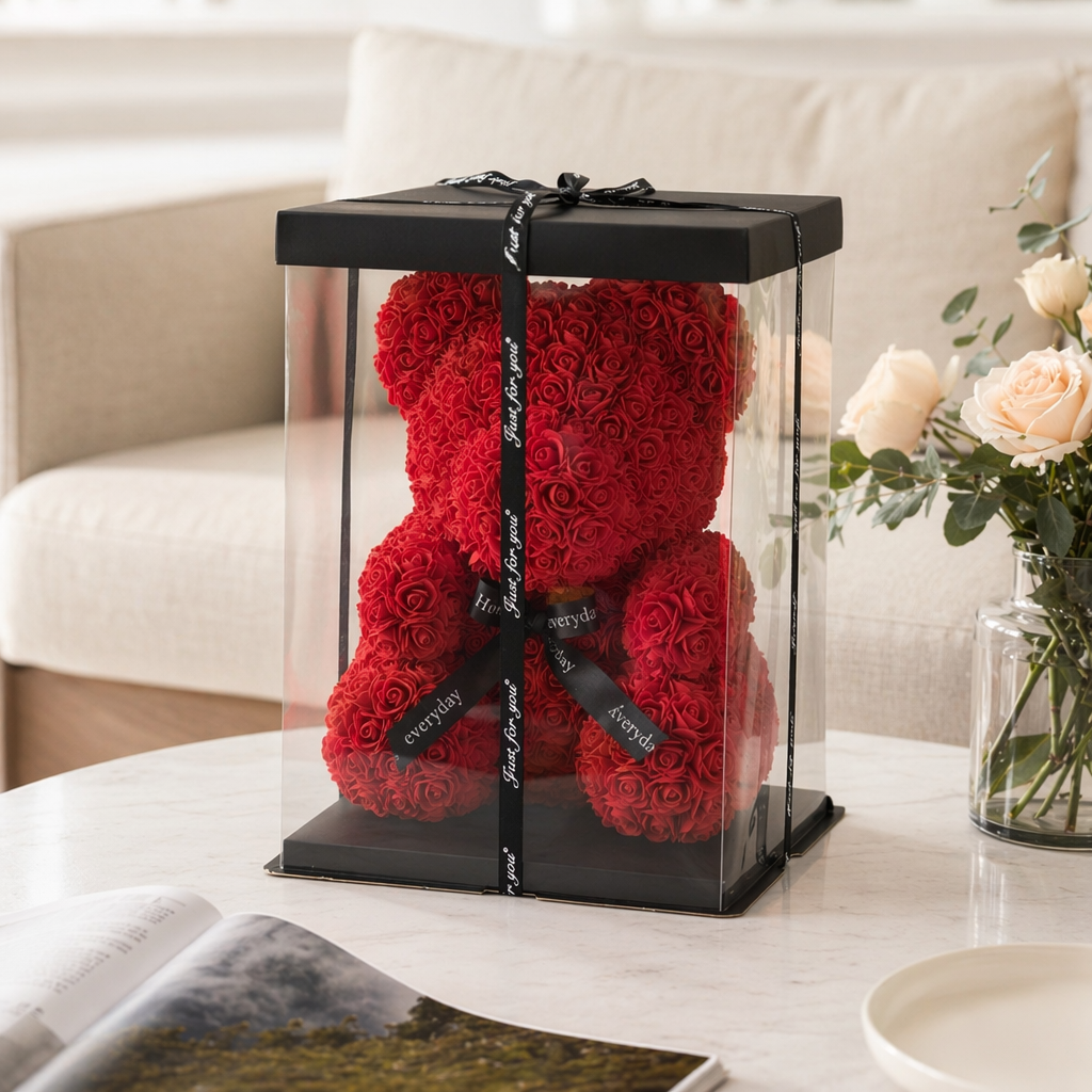 Red rose bear plush toy, soft and cute throw pillow, home decoration, bedroom ornaments details Picture