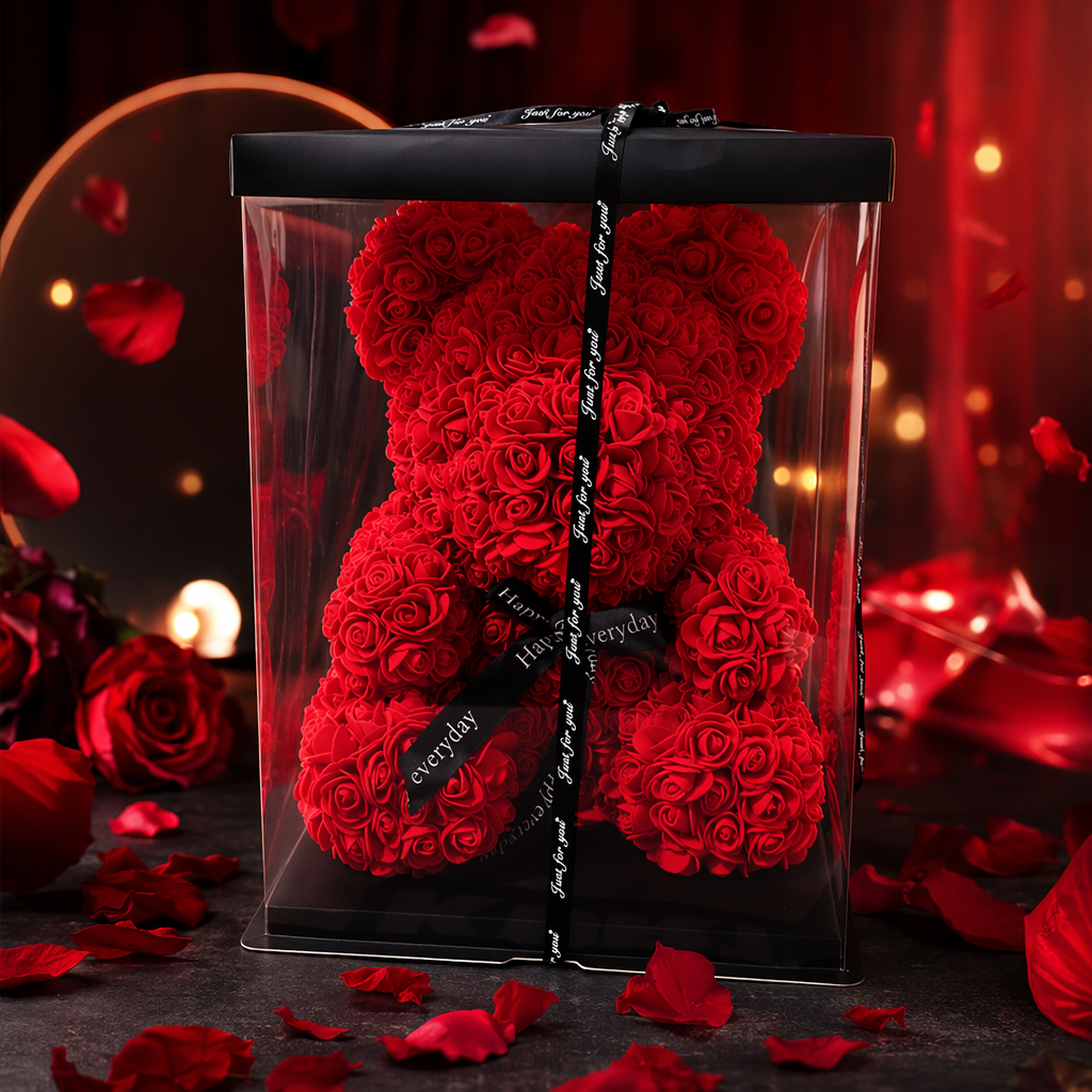 Red rose bear plush toy, soft and cute throw pillow, home decoration, bedroom ornaments Specification image