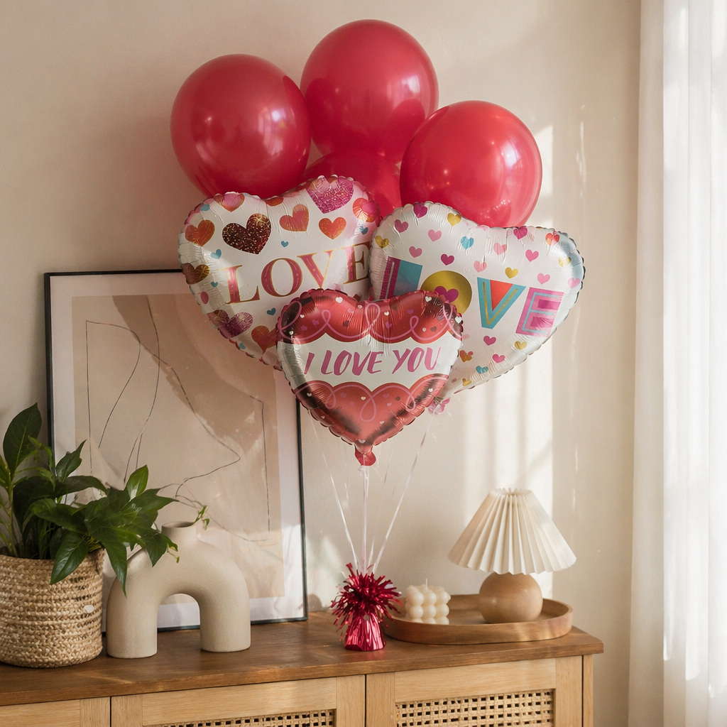 The pink packaging bag contains red heart-shaped LOVE decorative balloons details Picture