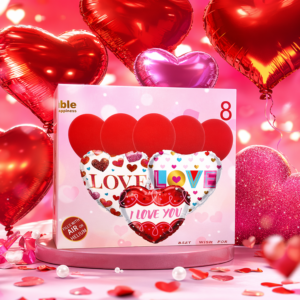 The pink packaging bag contains red heart-shaped LOVE decorative balloons Specification image
