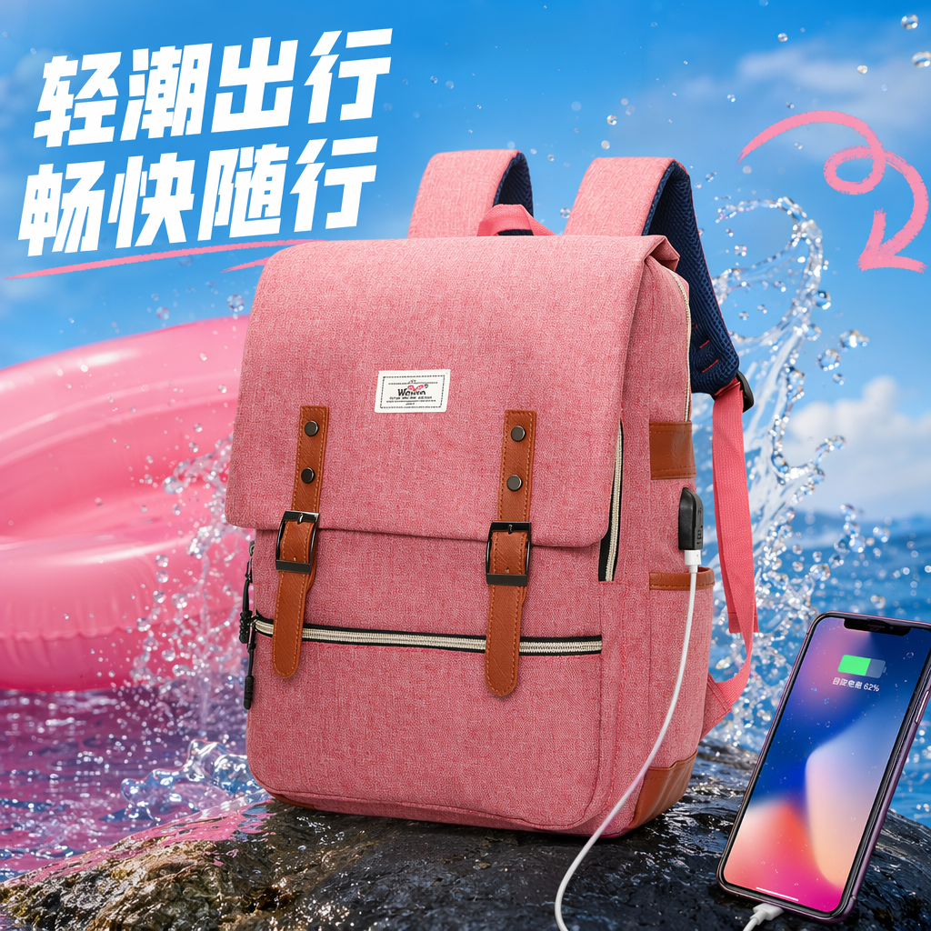 粉色时尚简约休闲背包 可调节肩带轻便大容量 Specification image