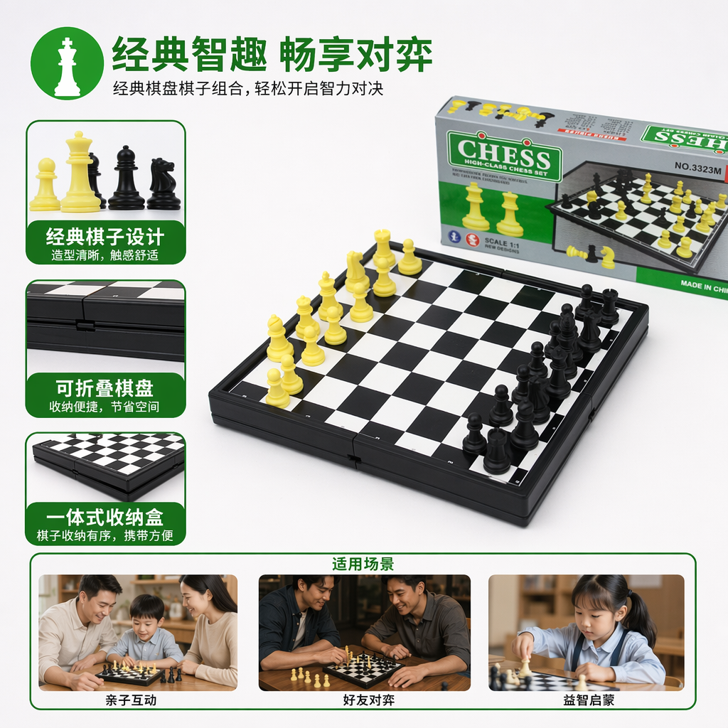 绿色包装盒装国际象棋套装 木质棋子配棋盘