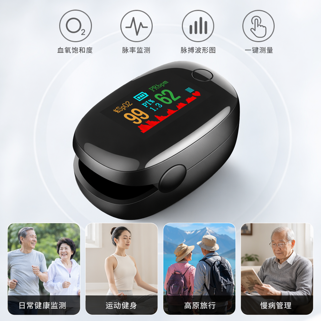 黑色指夹式脉搏血氧仪便携家用指尖血氧饱和度检测仪