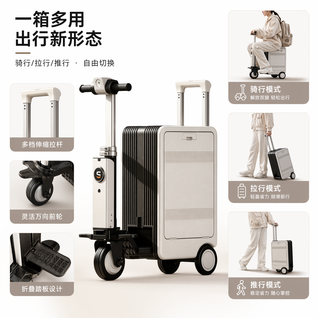 白色行李箱式电动滑板车 可折叠便携锂电续航长