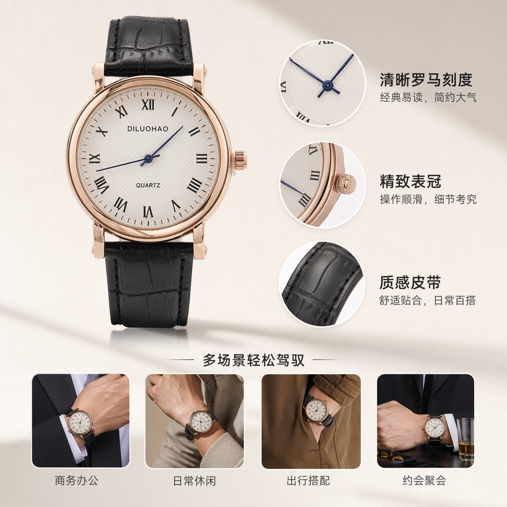 玫瑰金表壳黑色鳄鱼纹石英手表