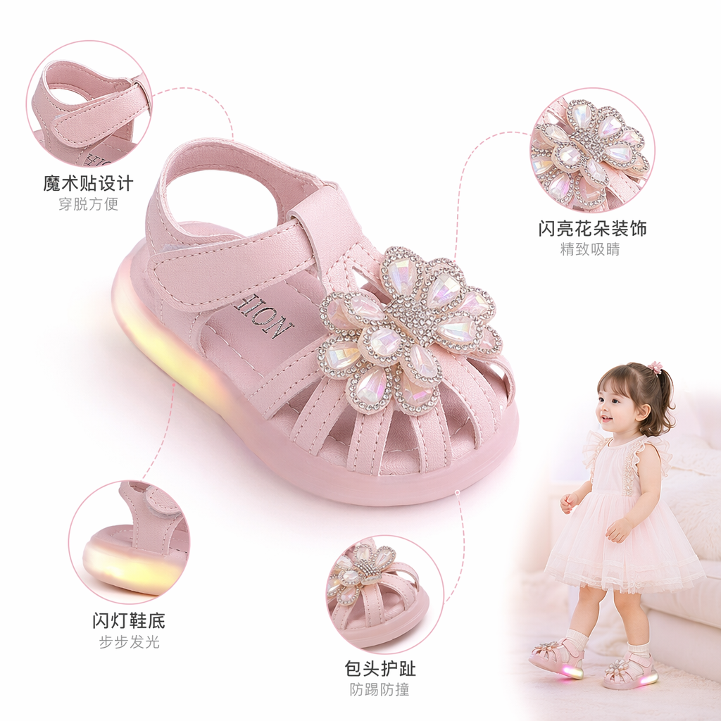 White and pink children's sandals with crystal flower decorations for girls in summer style