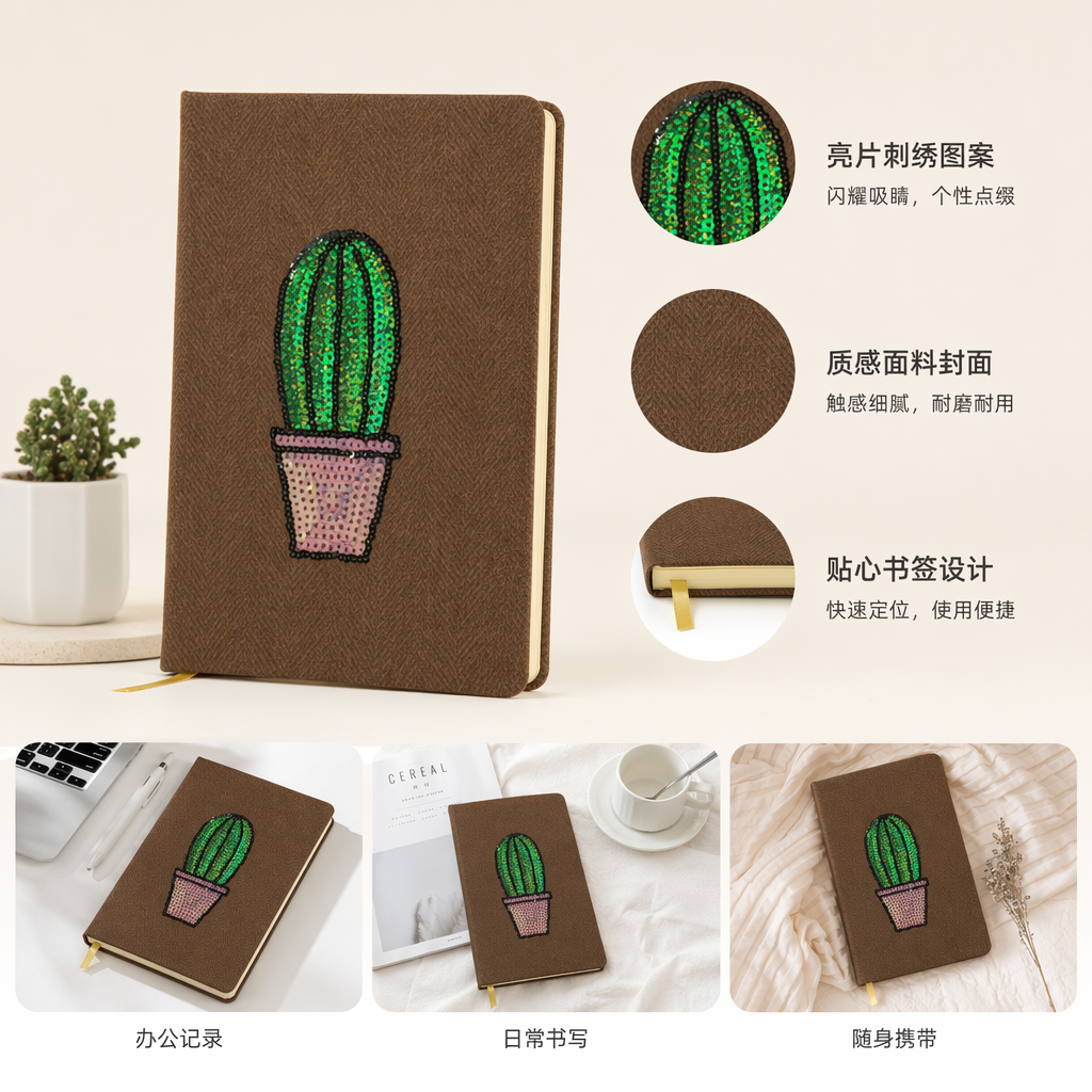 棕色封面仙人掌刺绣笔记本