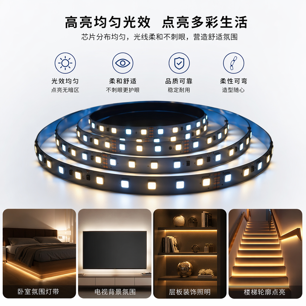 发光LED灯带 柔光防水可剪裁 5米卷装 家居装饰照明