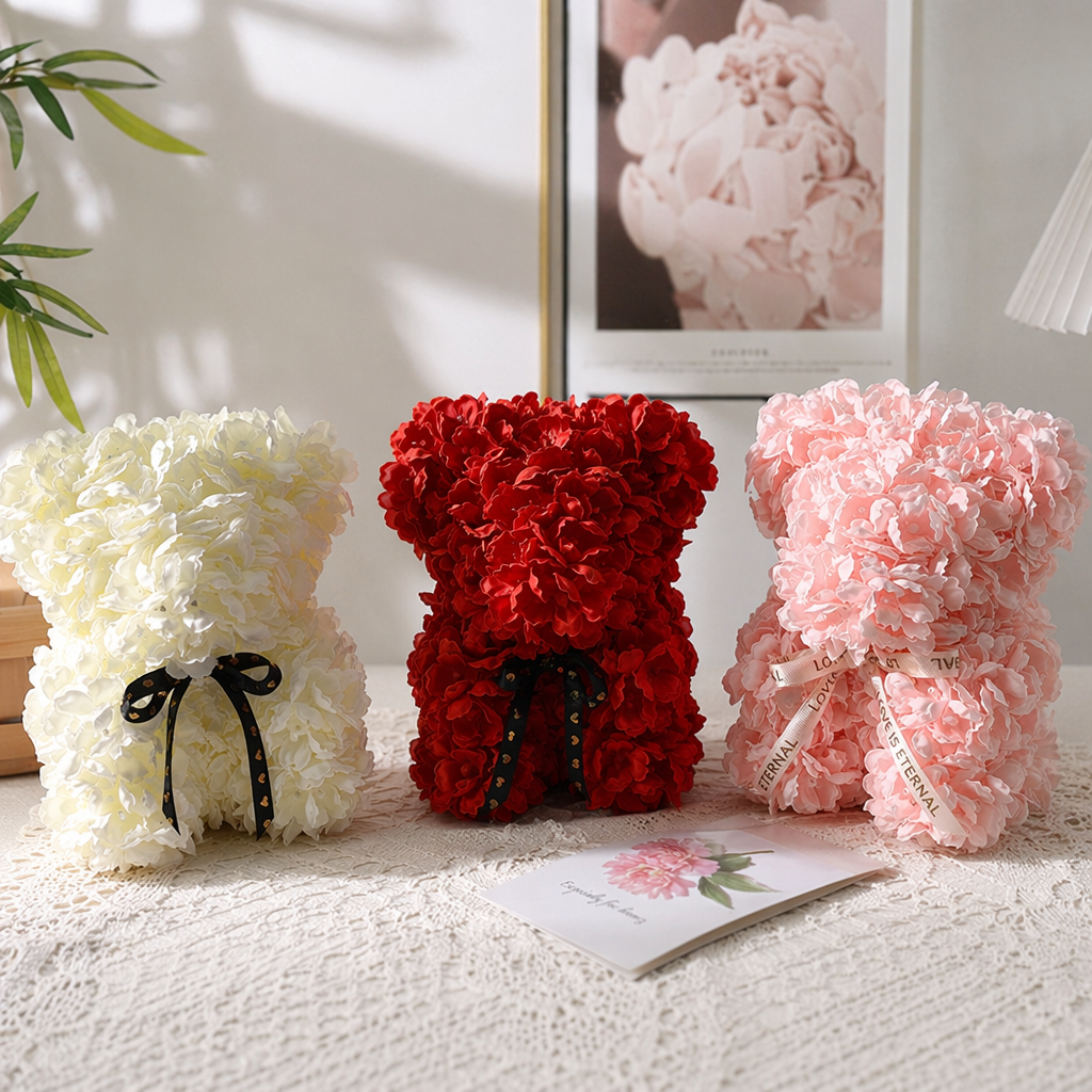 Flower bear white, red and pink color combination flower bear toy details Picture