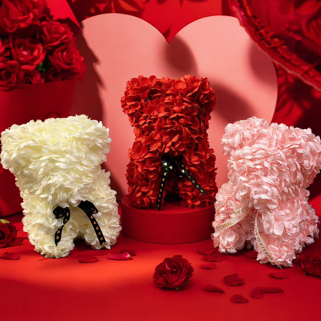 Flower bear white, red and pink color combination flower bear toy Specification image