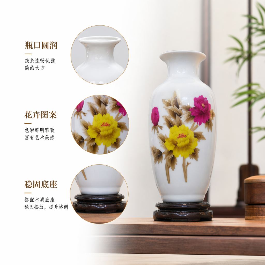 白色瓷花瓶 粉黄牡丹褐色叶片 黑色木质底座