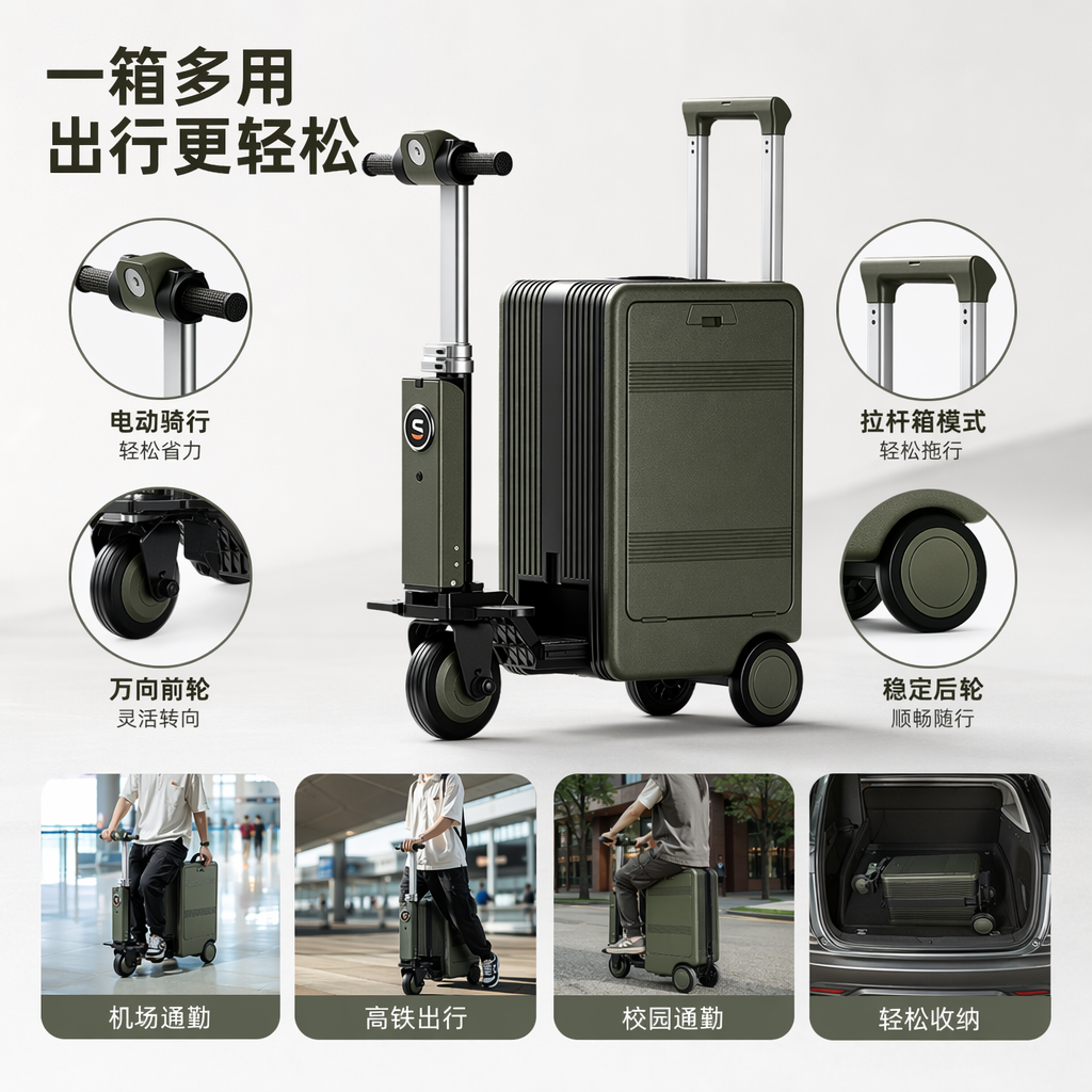 军绿色行李箱电动滑板车一体机便携折叠双模出行