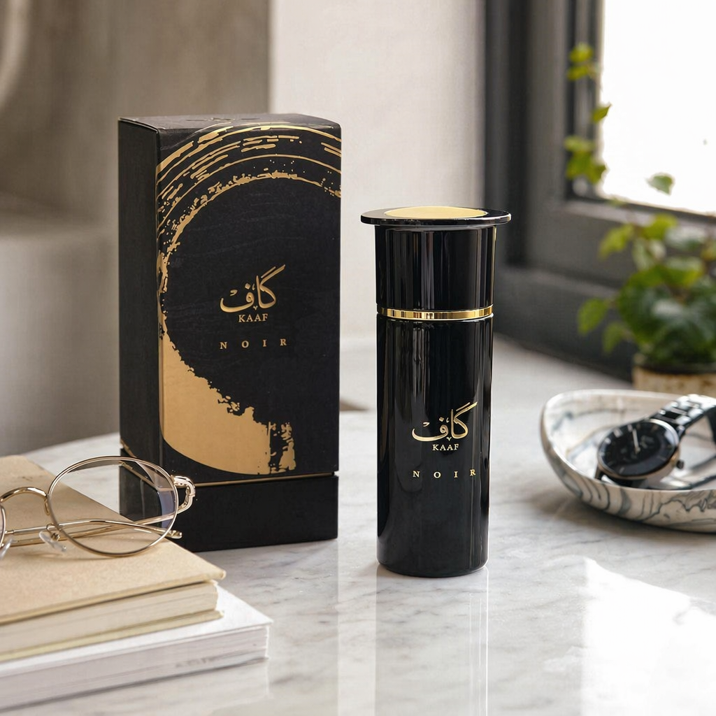 A black bottle with golden text and a black packaging box details Picture