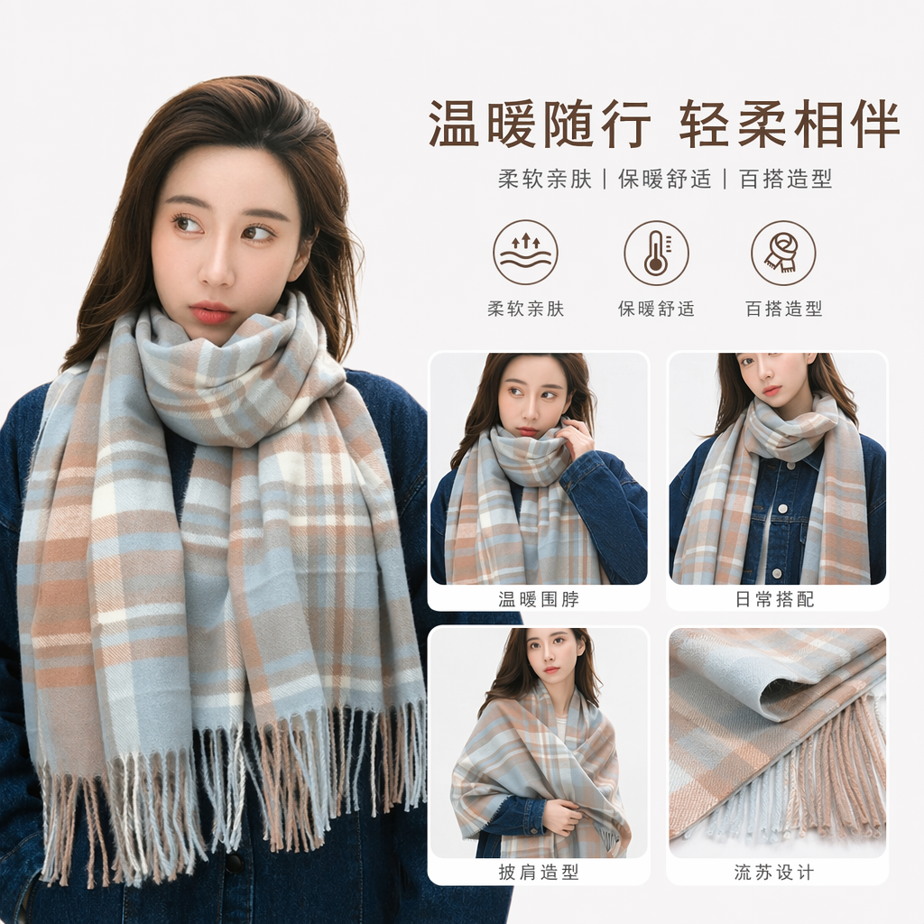 格子围巾女款搭配蓝色外套秋冬保暖时尚配饰