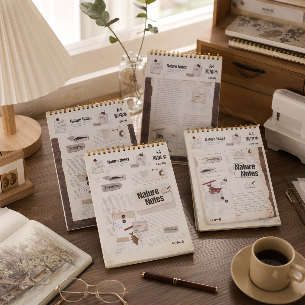 Beige retro style A4 sketchbook, 120g thickened paper hand-held drawing notebook details Picture