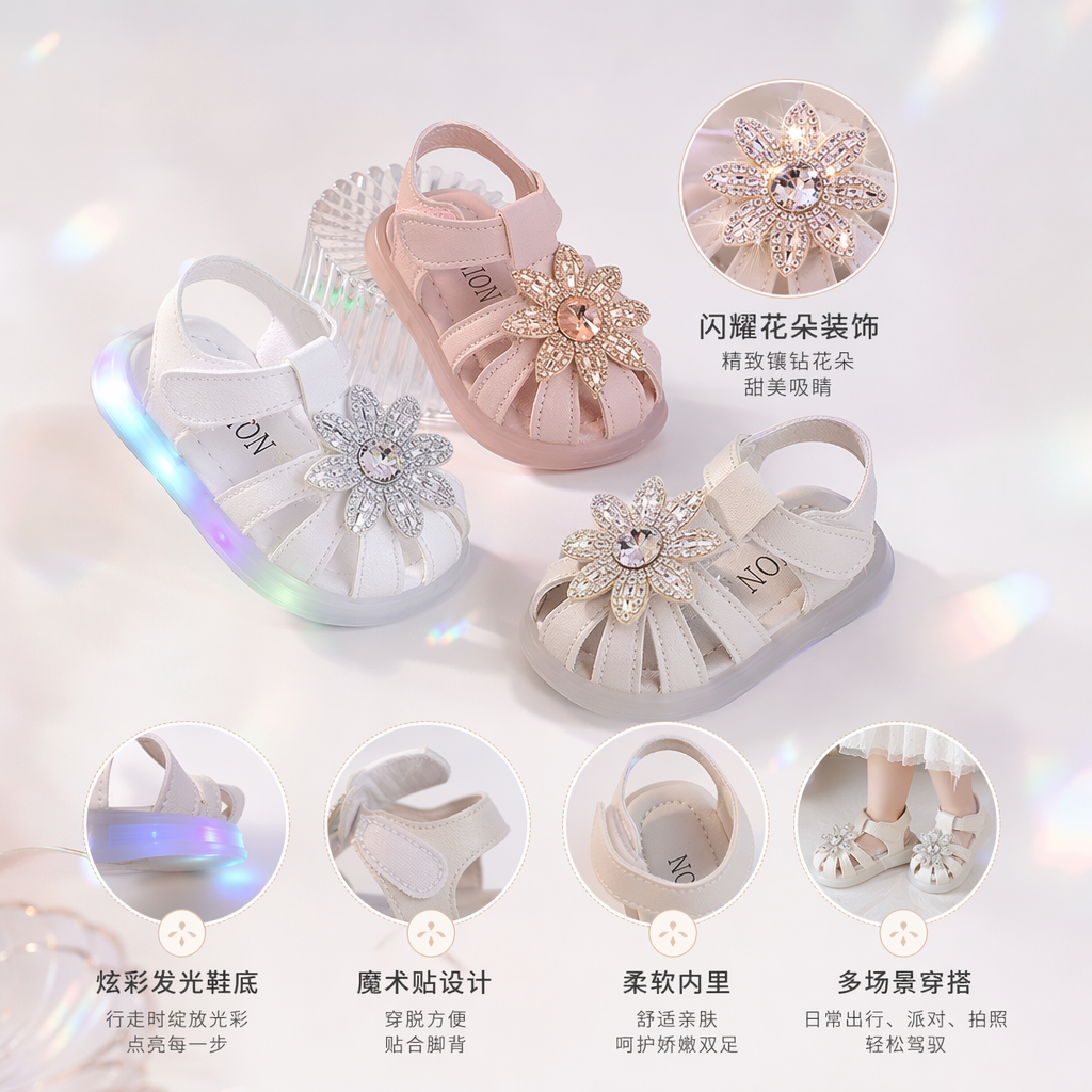 Three pairs of crystal flower girls' sandals in white, pink and beige