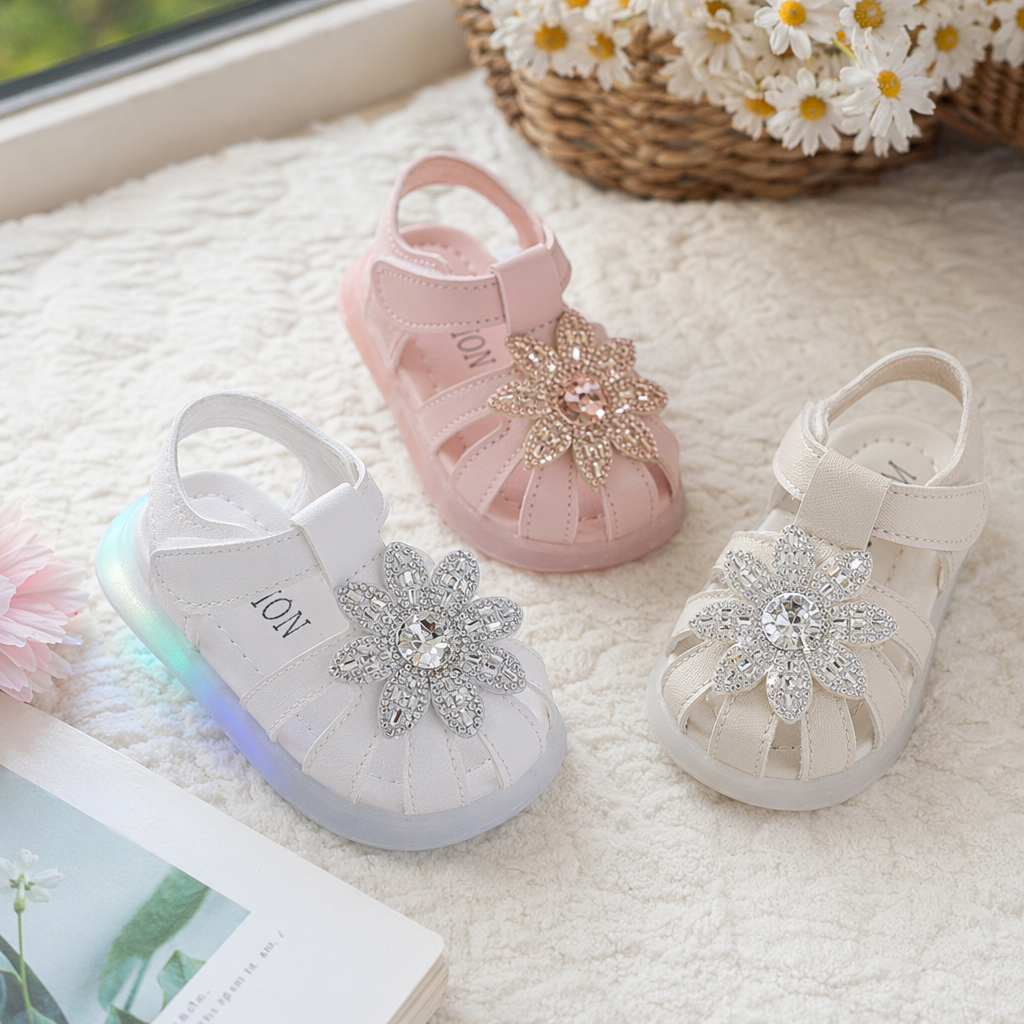 Three pairs of crystal flower girls' sandals in white, pink and beige details Picture