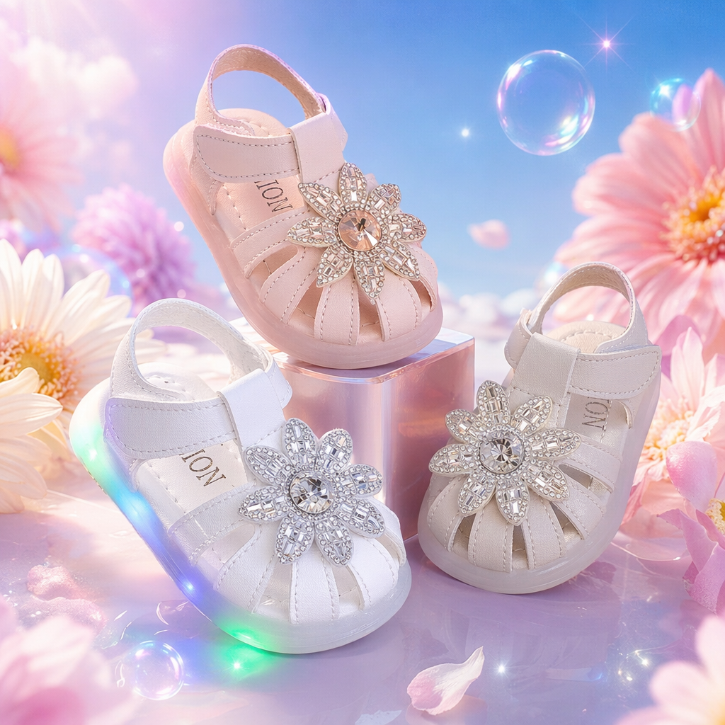 Three pairs of crystal flower girls' sandals in white, pink and beige Specification image