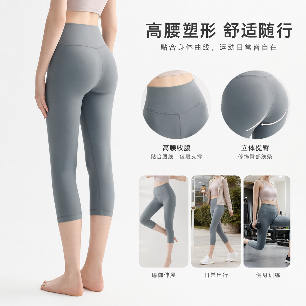 灰色七分瑜伽裤女高弹力修身显瘦模特同款