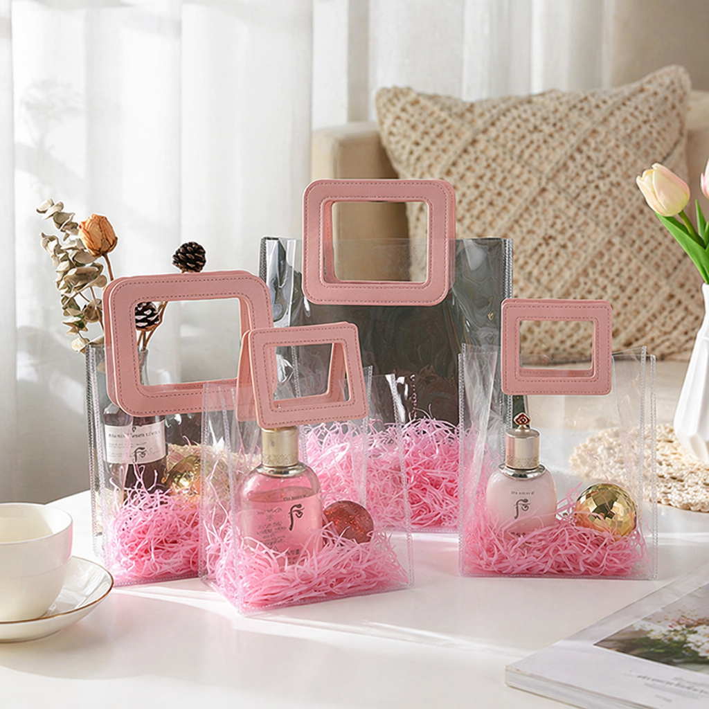 Pink square handle transparent gift bag for perfume gift packaging bag, special bag for perfume details Picture