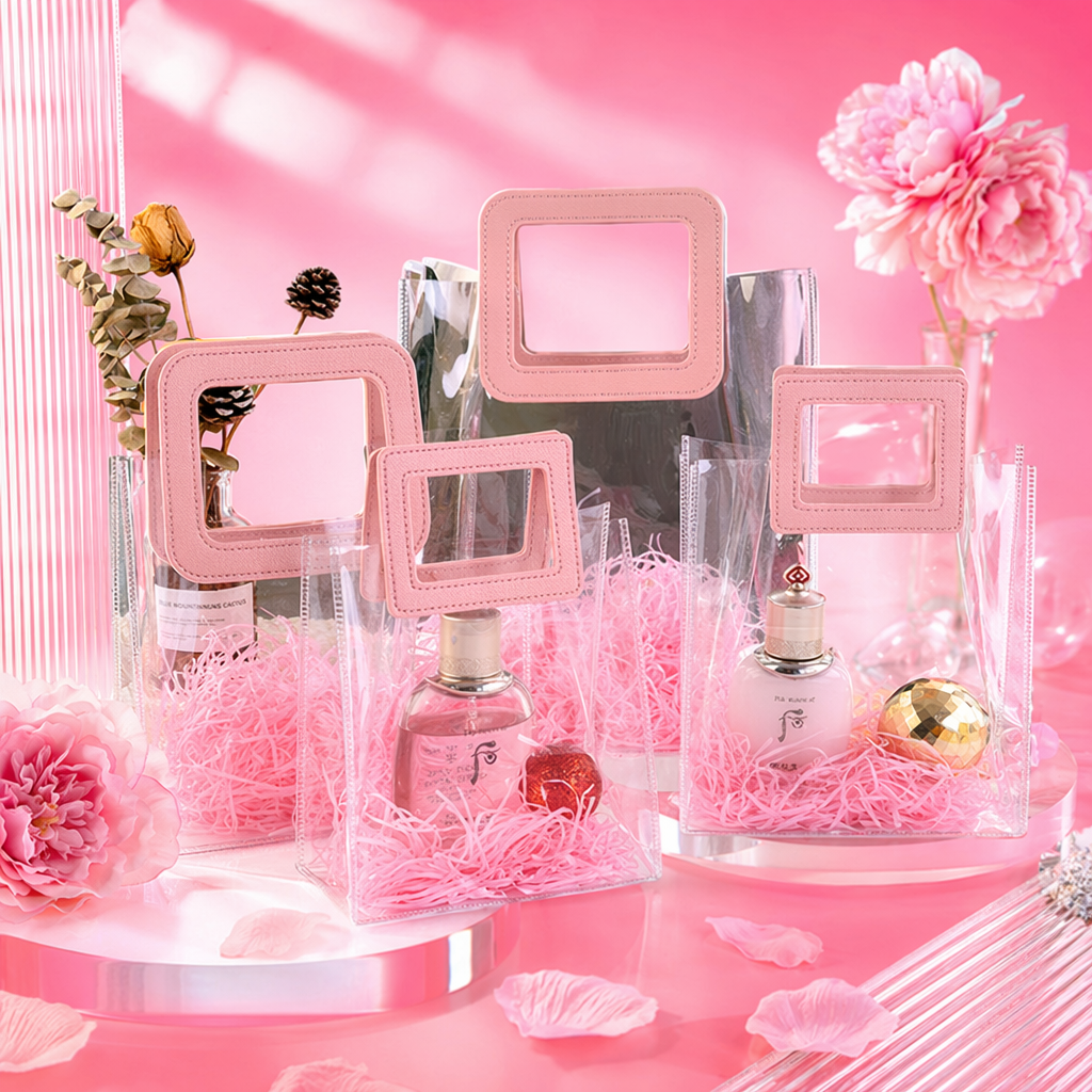 Pink square handle transparent gift bag for perfume gift packaging bag, special bag for perfume Specification image