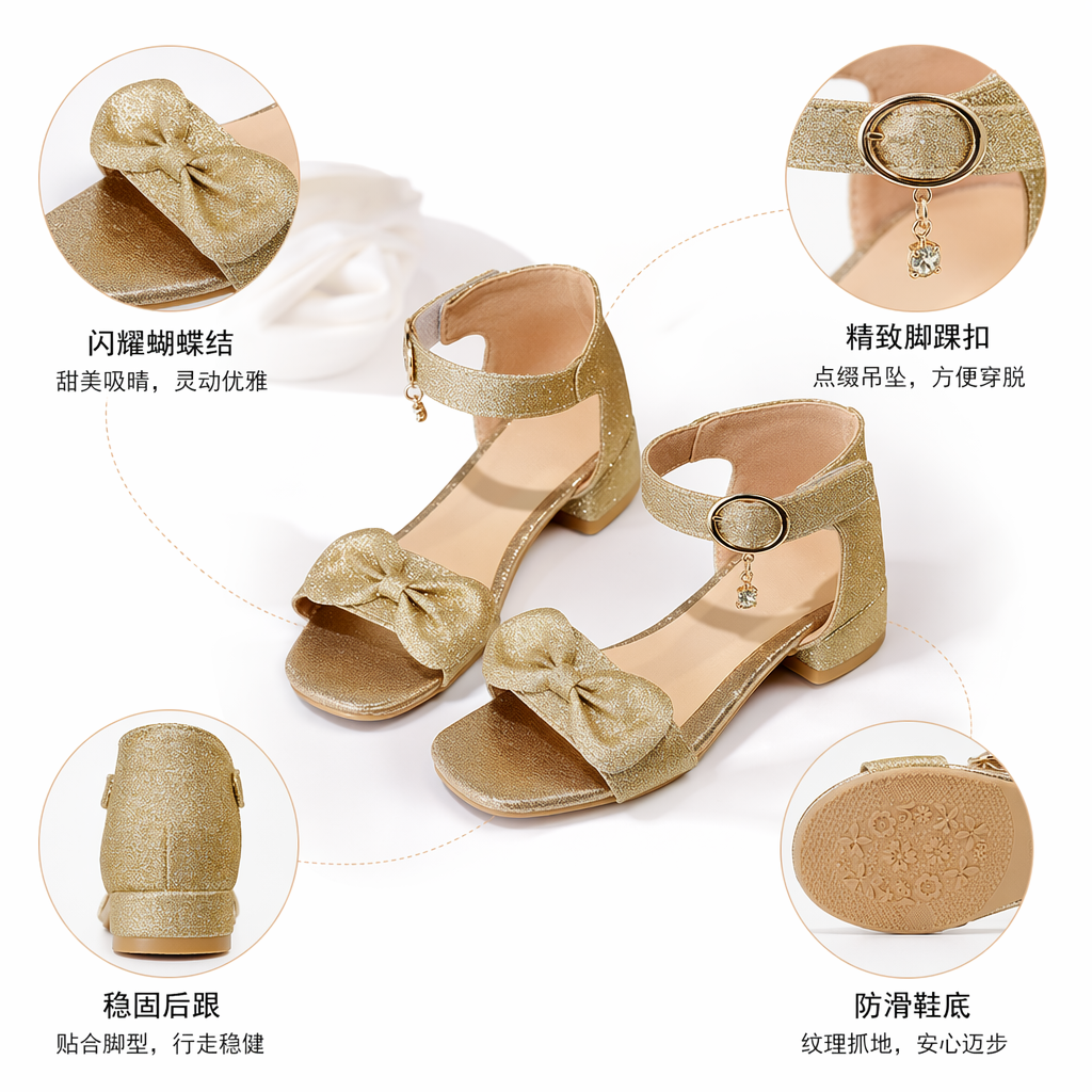 Golden sequined bow sandals for women's summer breathable and anti-slip flat casual shoes