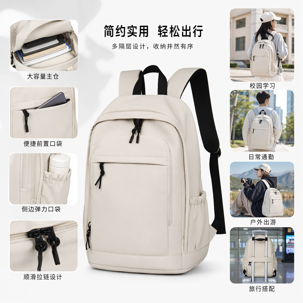 This white backpack is simple, versatile, lightweight and has a large capacity for student commuting and travel