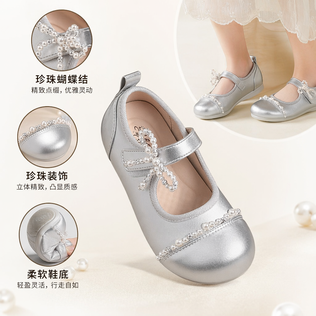 Silver pearls decorate the girl Mary Jane shoes