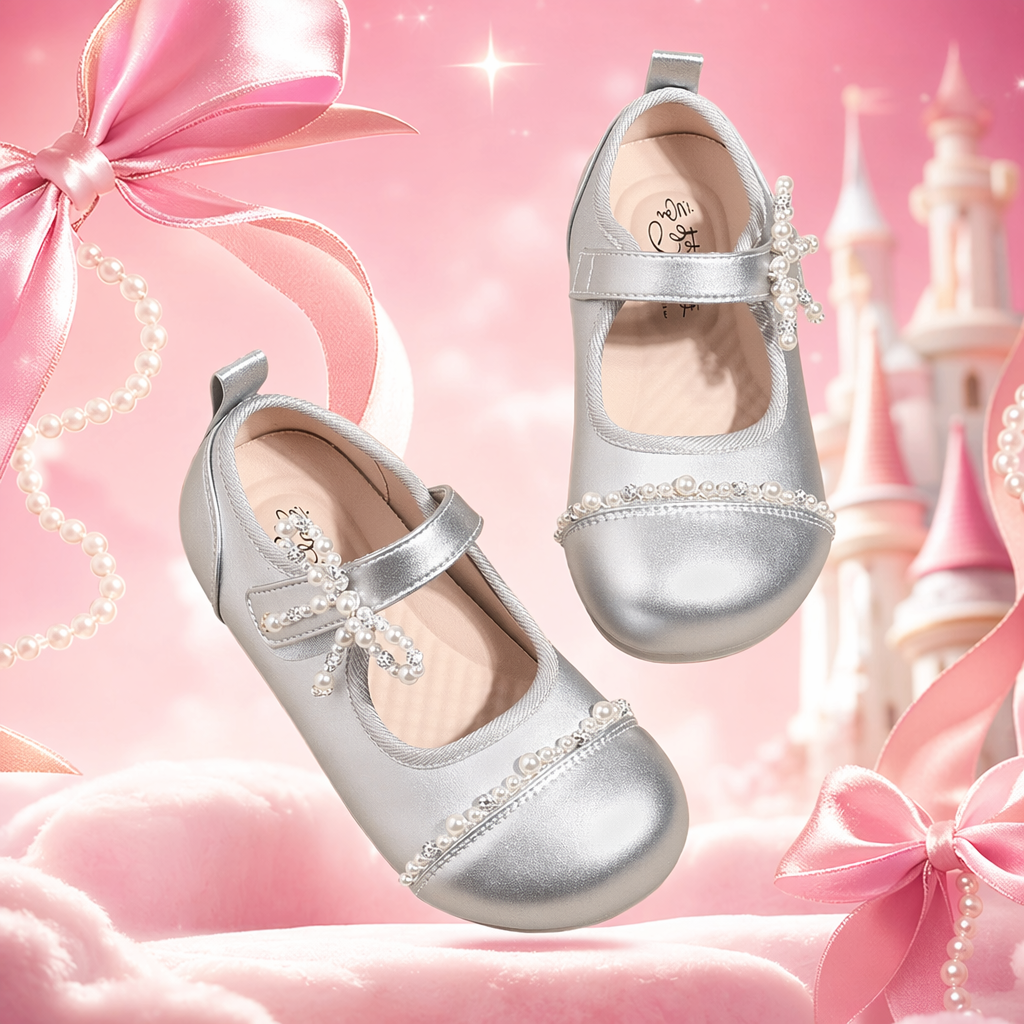 Silver pearls decorate the girl Mary Jane shoes Specification image