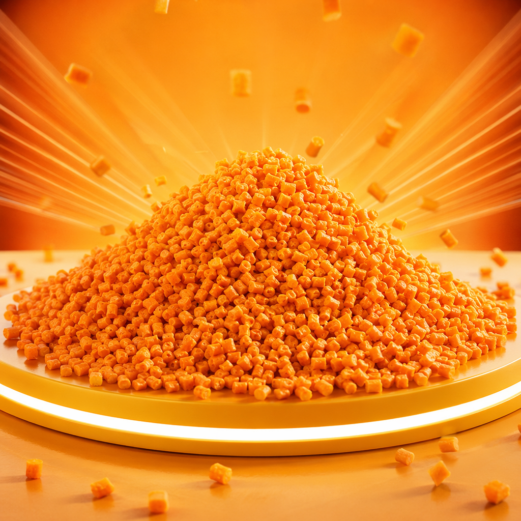 Orange granular plastic particles, general-purpose grade PP polypropylene raw material, 25kg per bag Specification image