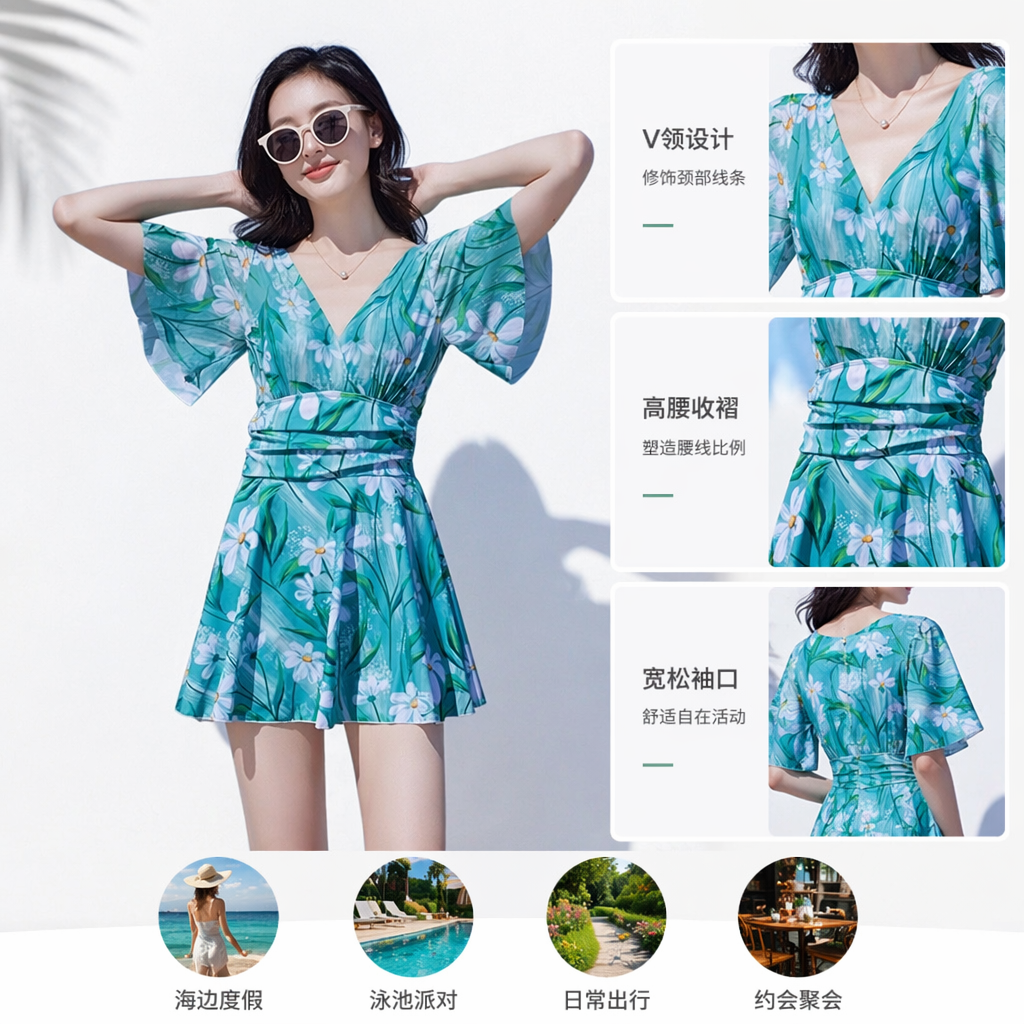 绿色花卉图案女性连体泳衣