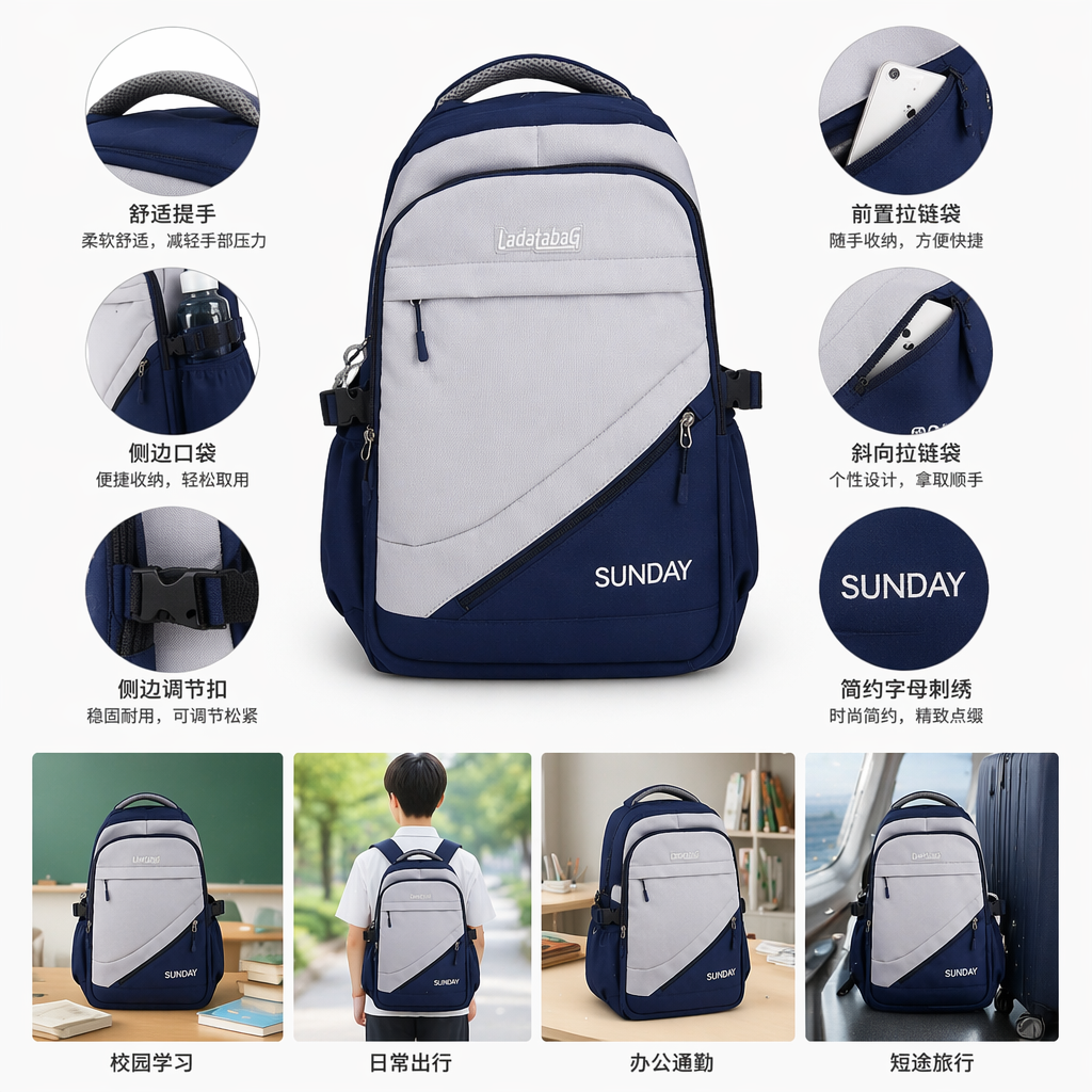 A simple and fashionable backpack in blue and white, lightweight and large-capacity, suitable for student commuting