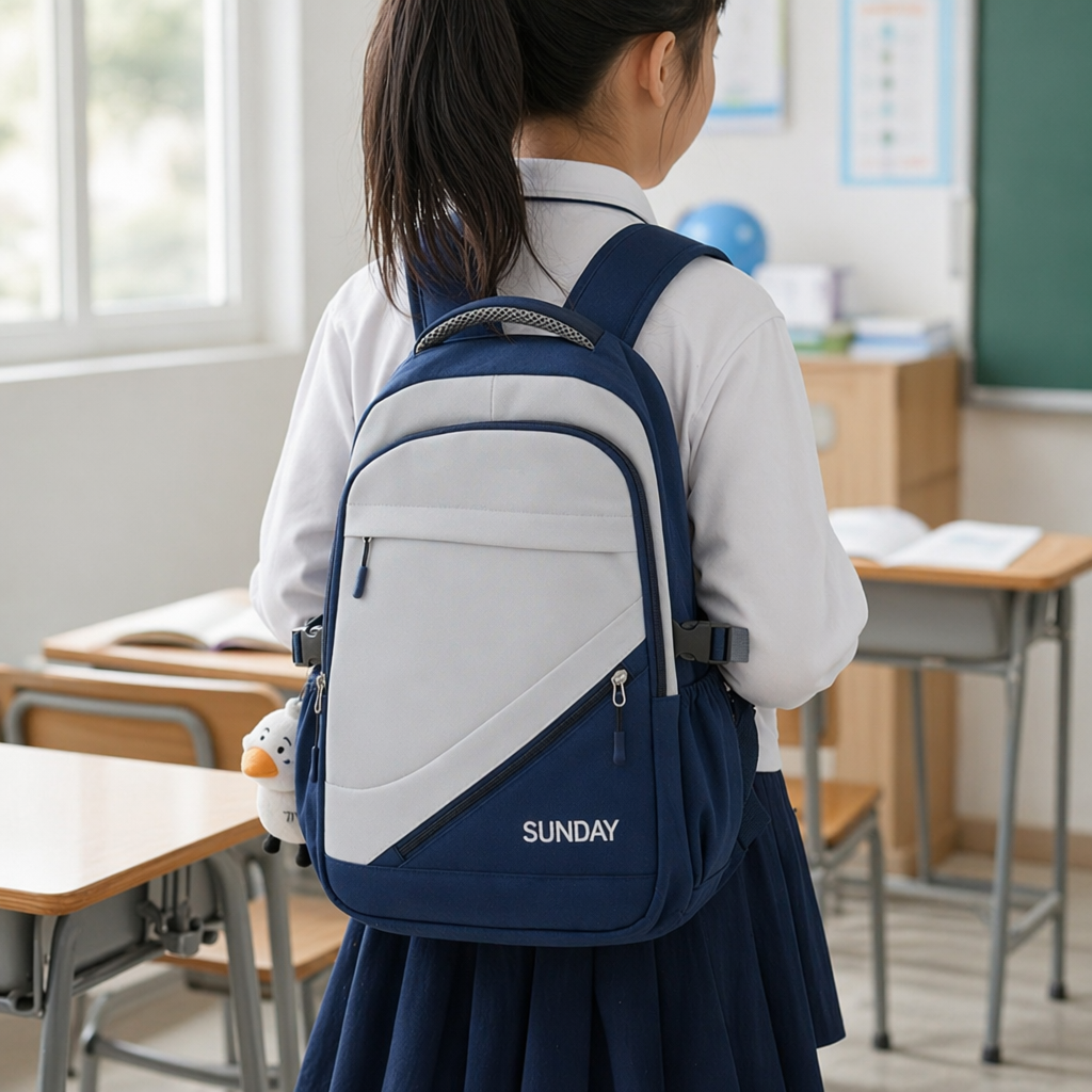 A simple and fashionable backpack in blue and white, lightweight and large-capacity, suitable for student commuting details Picture