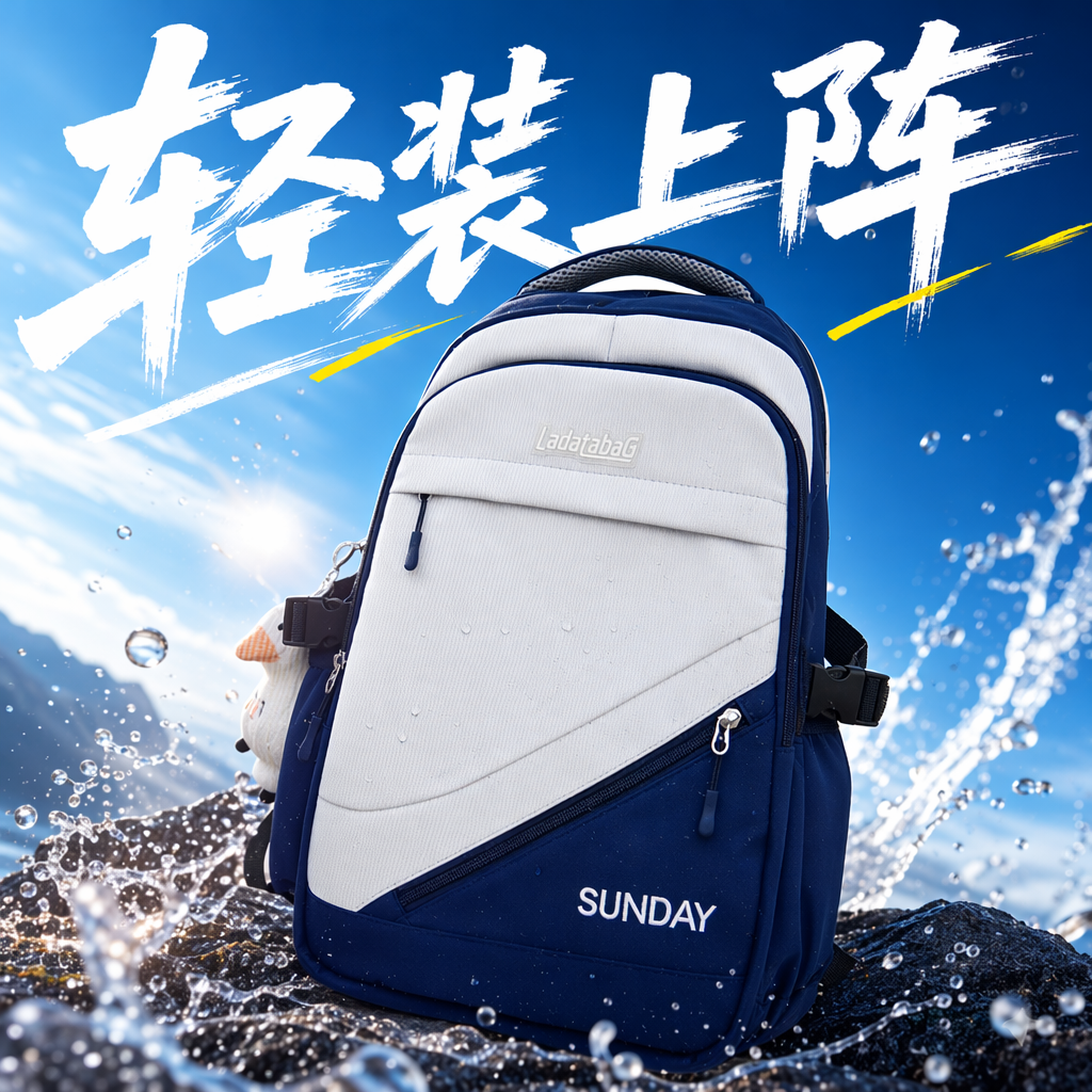 A simple and fashionable backpack in blue and white, lightweight and large-capacity, suitable for student commuting Specification image