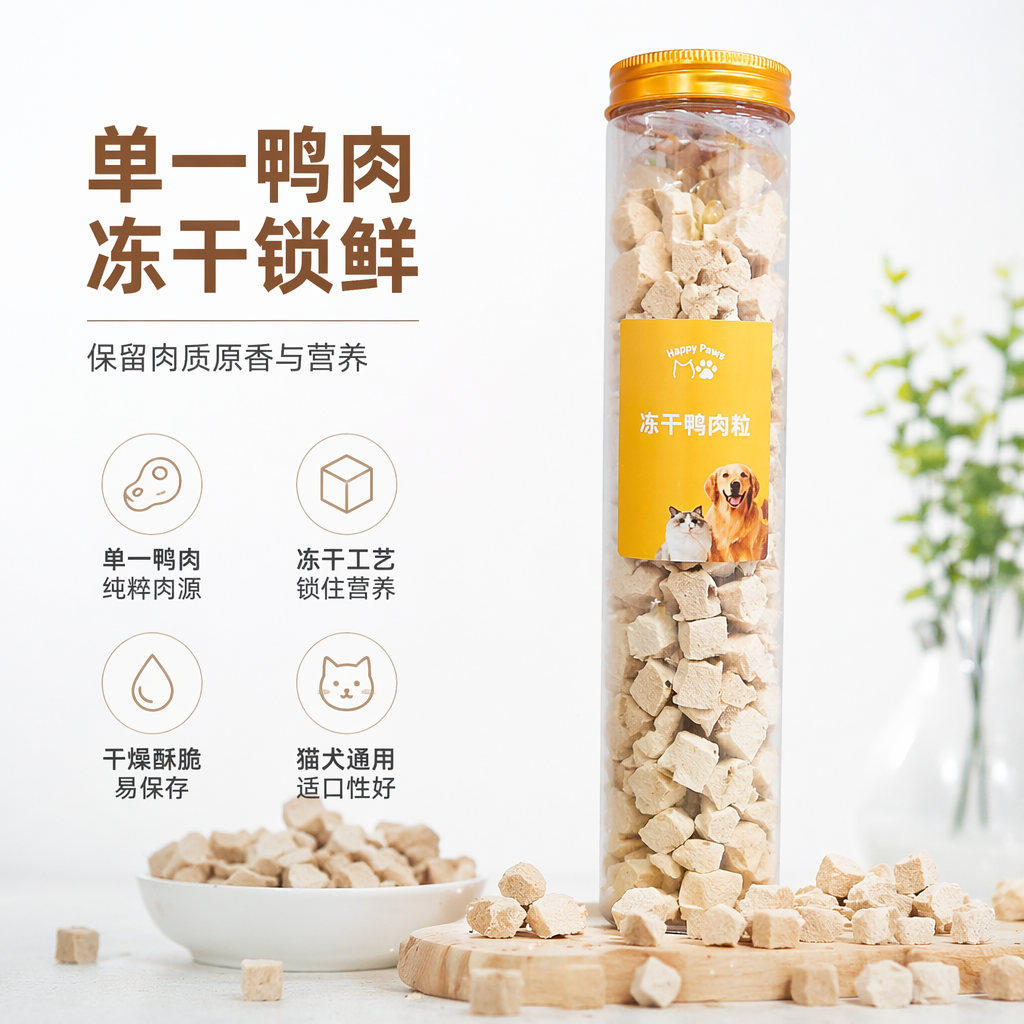 Happy Paws冻干鸭肉零食透明塑料管装金色金属盖黄色标签120g