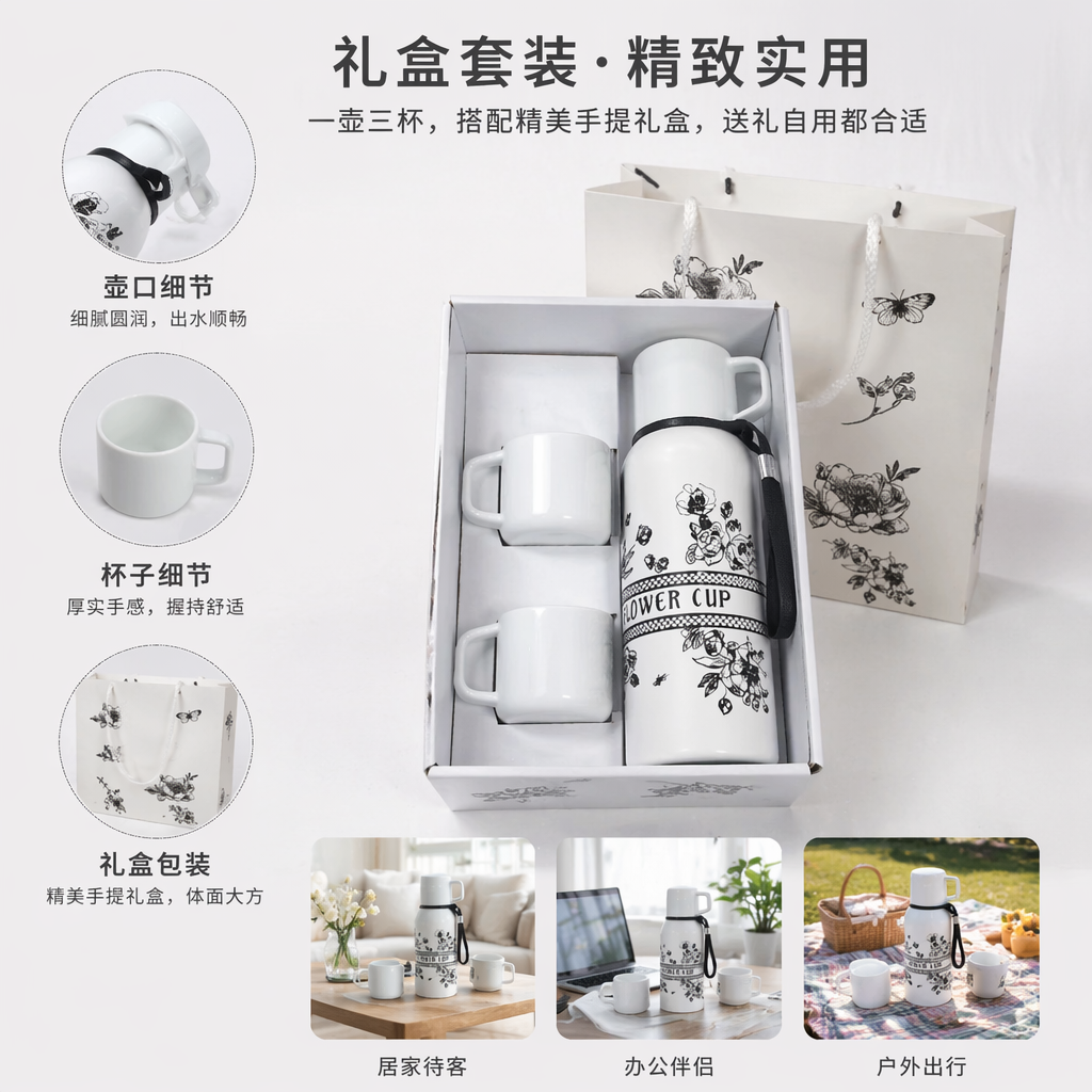 White flower-and-bird patterned insulated cup set, 304 stainless steel double-layer vacuum for cold and heat preservation