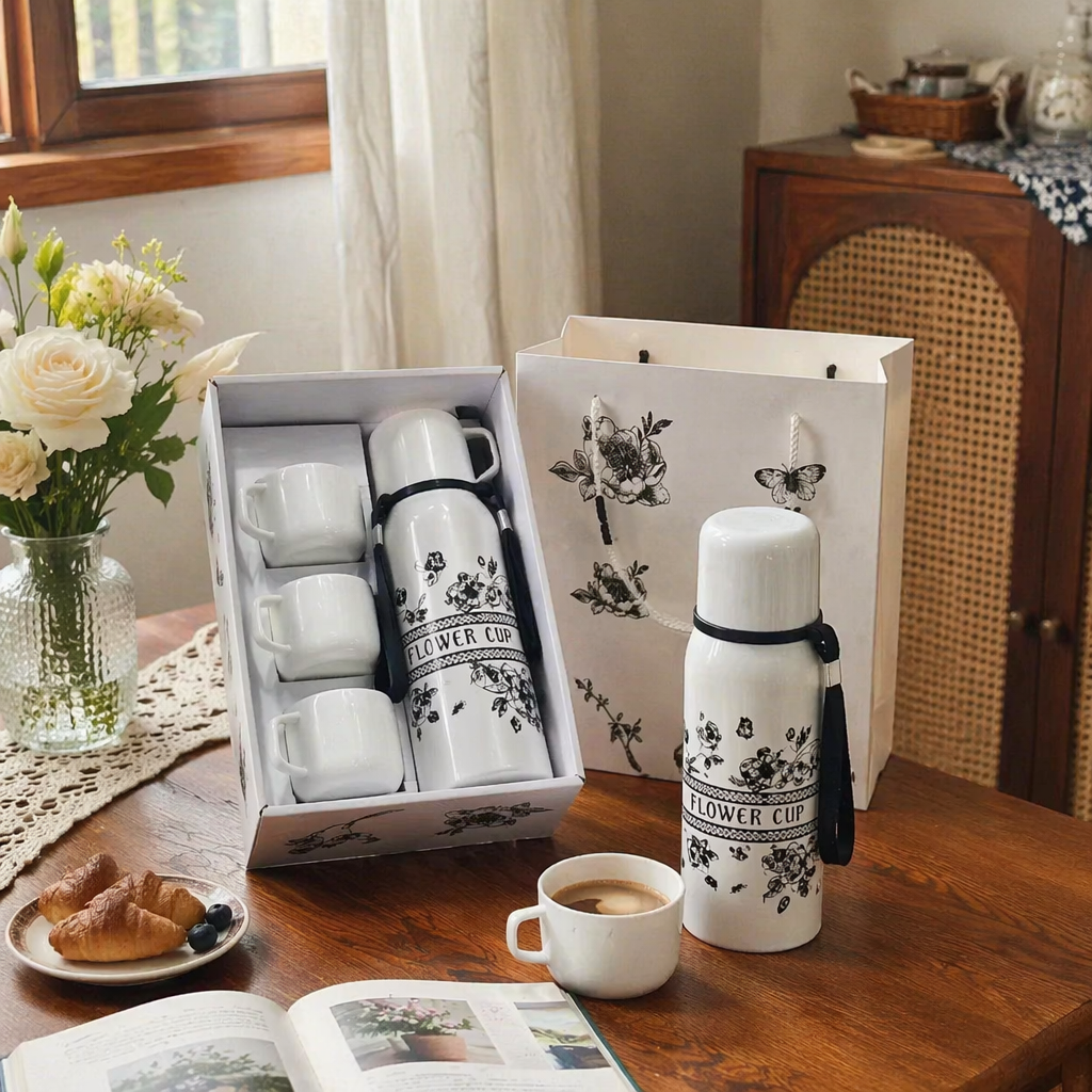 White flower-and-bird patterned insulated cup set, 304 stainless steel double-layer vacuum for cold and heat preservation details Picture