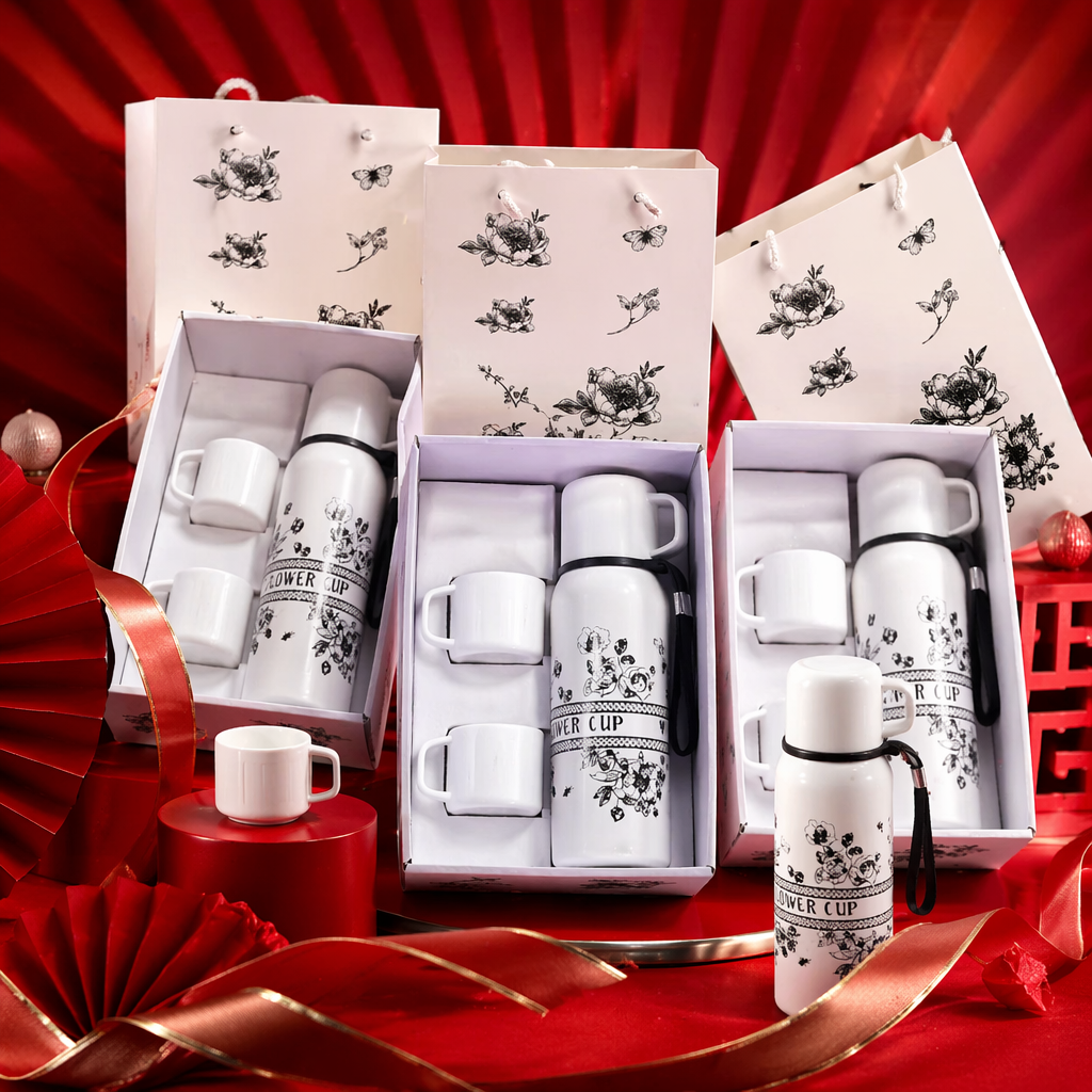 White flower-and-bird patterned insulated cup set, 304 stainless steel double-layer vacuum for cold and heat preservation Specification image