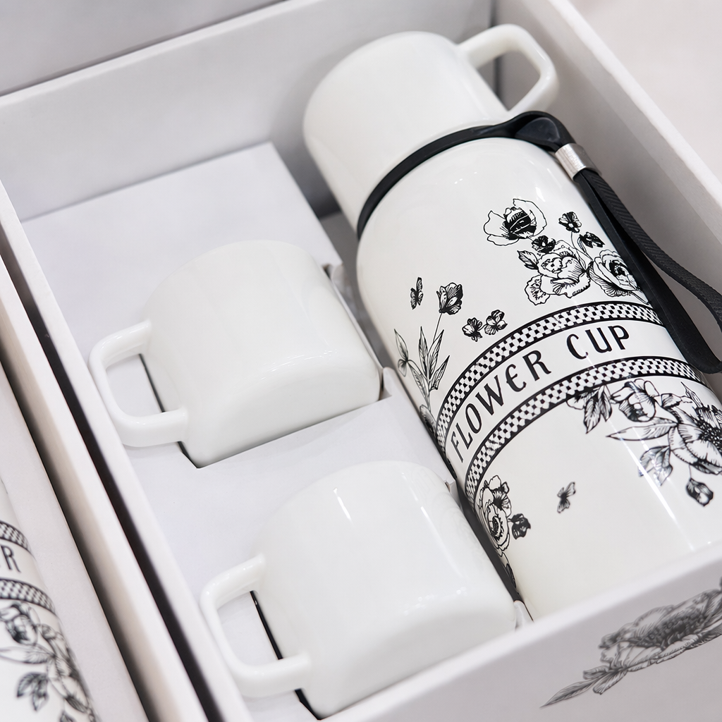 White flower-and-bird patterned insulated cup set, 304 stainless steel double-layer vacuum for cold and heat preservation Application Scenario