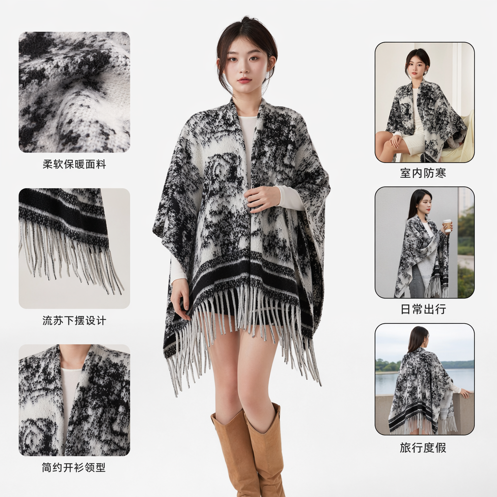 黑白水墨风格流苏披肩女时尚百搭显气质