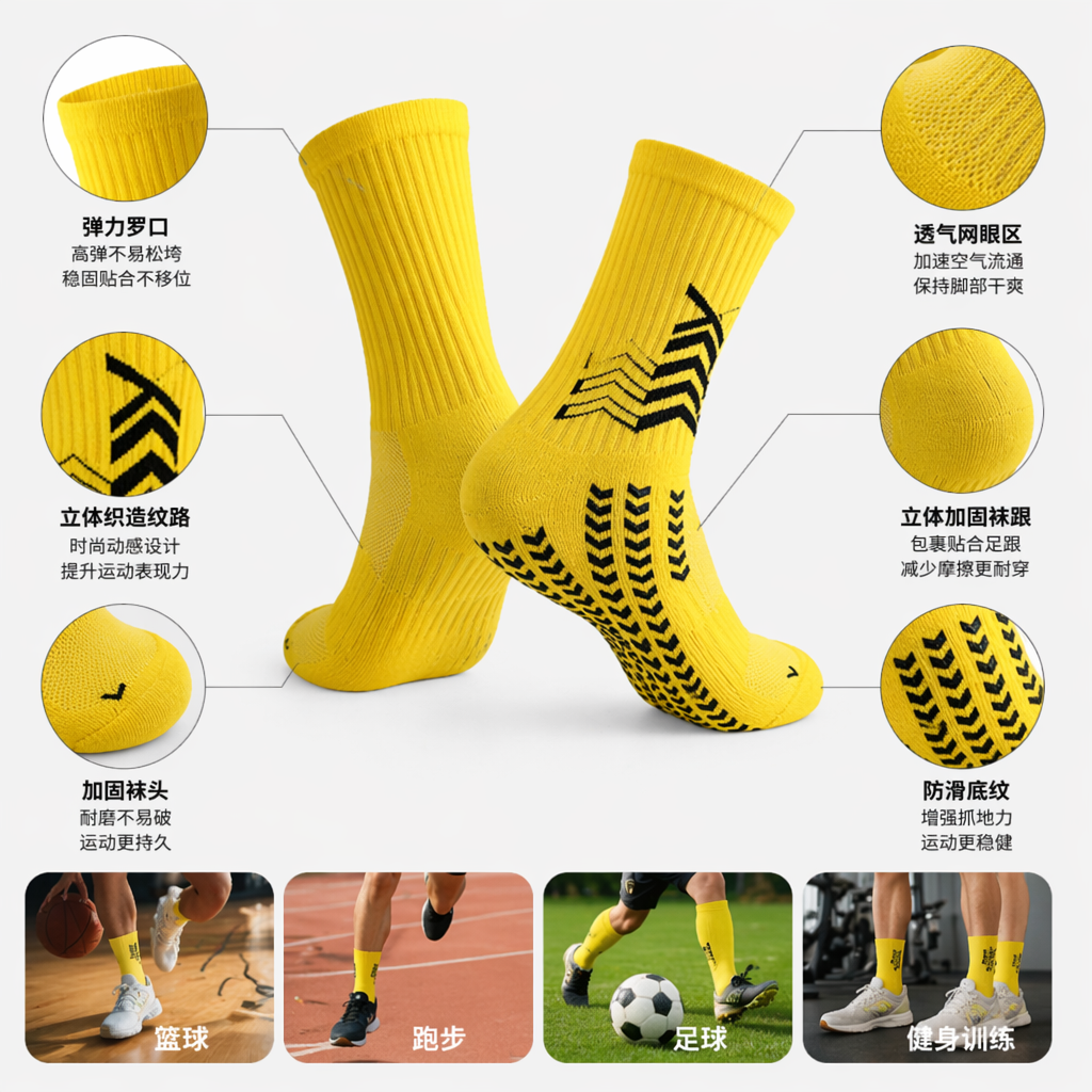 Yellow sports socks, quick-drying and breathable cotton mid-calf socks for both men and women