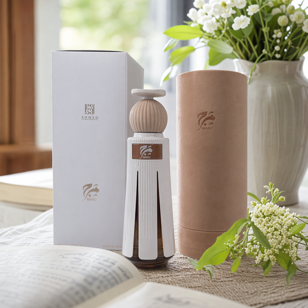 A perfume bottle with a white striped body and a beige textured cap details Picture