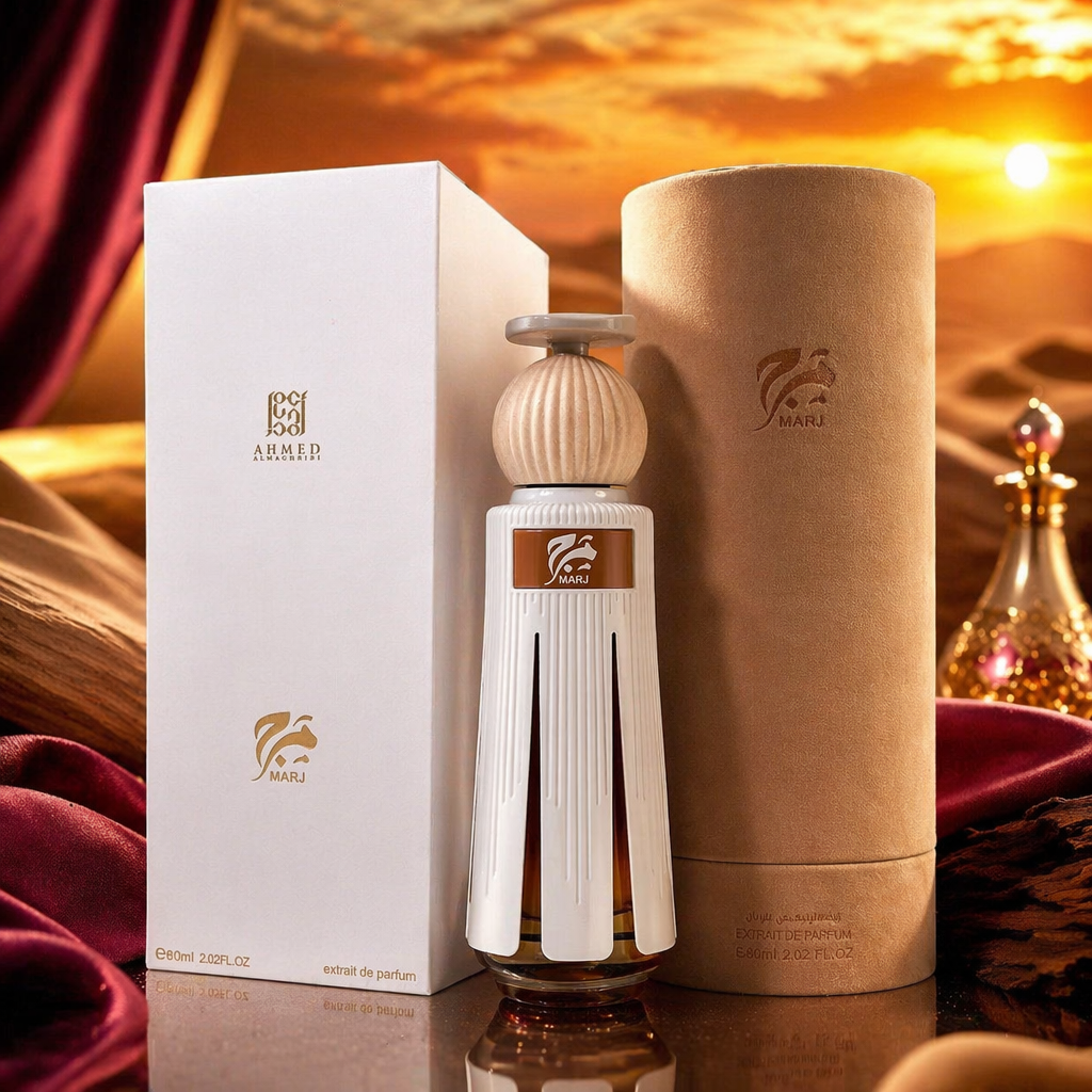 A perfume bottle with a white striped body and a beige textured cap Specification image