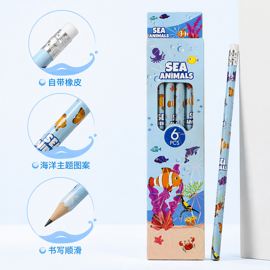 蓝色海洋主题文具盒配铅笔 学生简约收纳盒带铅笔套装