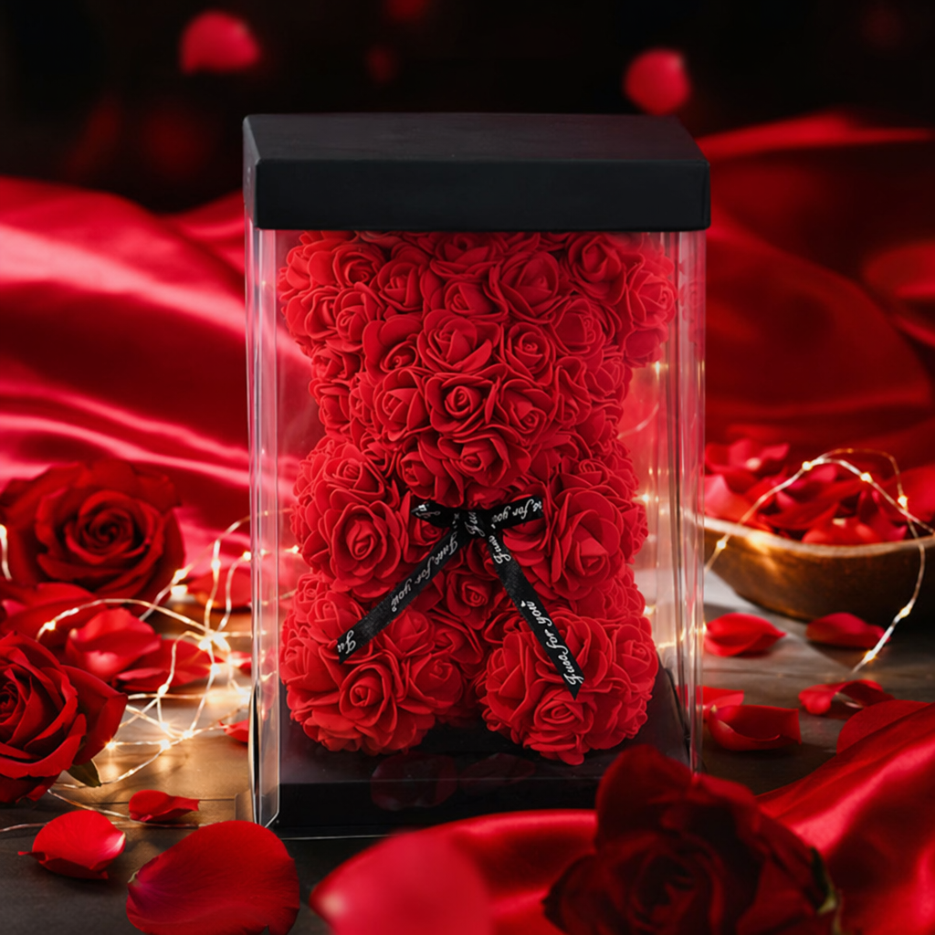 A cute Valentine's Day gift with a red rose bear plush toy pillow Specification image