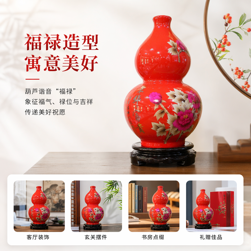 红色葫芦瓶陶瓷摆件带花卉图案配底座