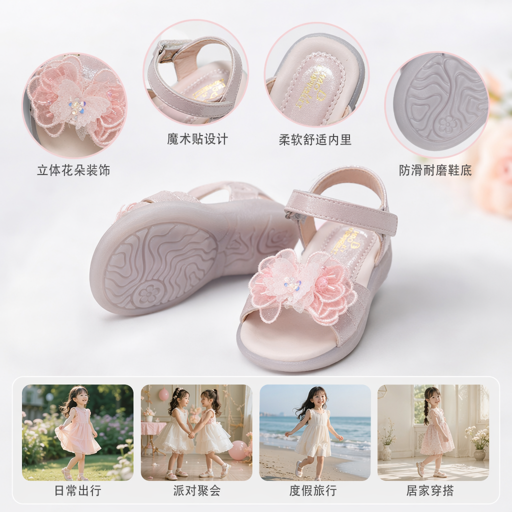 Pink and white flower-decorated children's sandals for girls in summer are breathable, anti-slip and comfortable