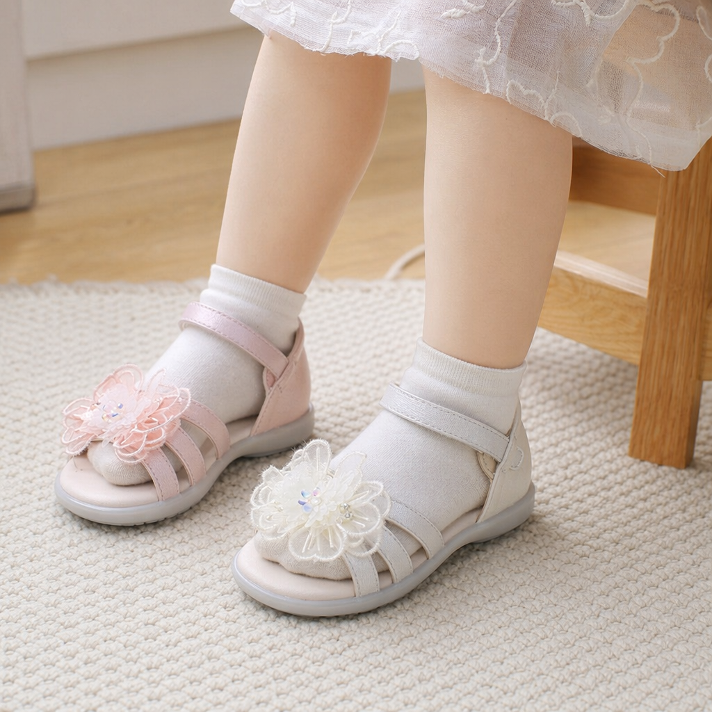 Pink and white flower-decorated children's sandals for girls in summer are breathable, anti-slip and comfortable details Picture