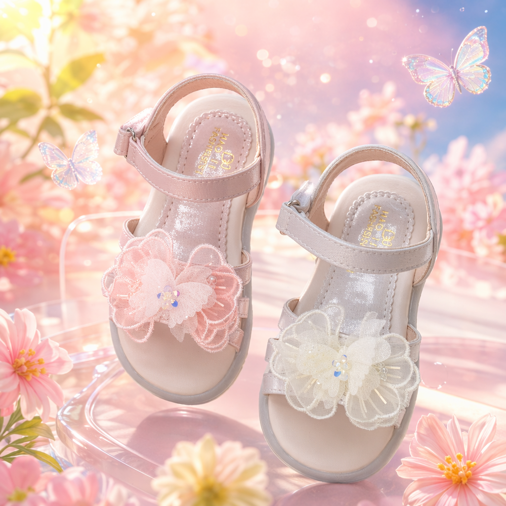 Pink and white flower-decorated children's sandals for girls in summer are breathable, anti-slip and comfortable Specification image