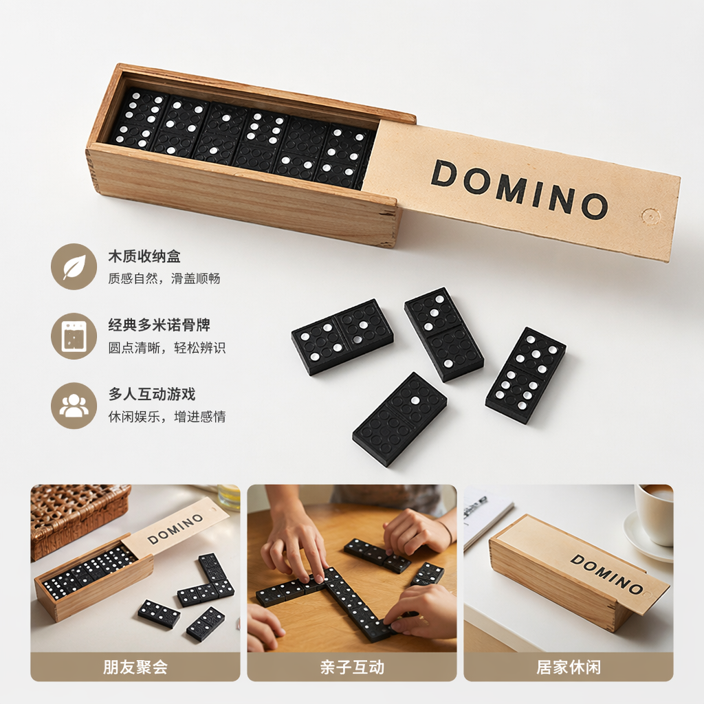 木质多米诺骨牌收纳盒 儿童益智玩具 家庭桌游配件